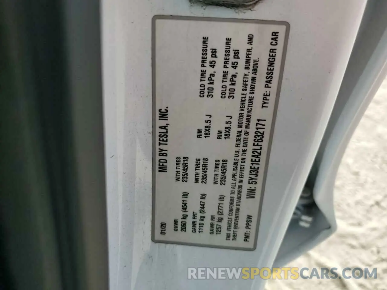 12 Photograph of a damaged car 5YJ3E1EA2LF632171 TESLA MODEL 3 2020