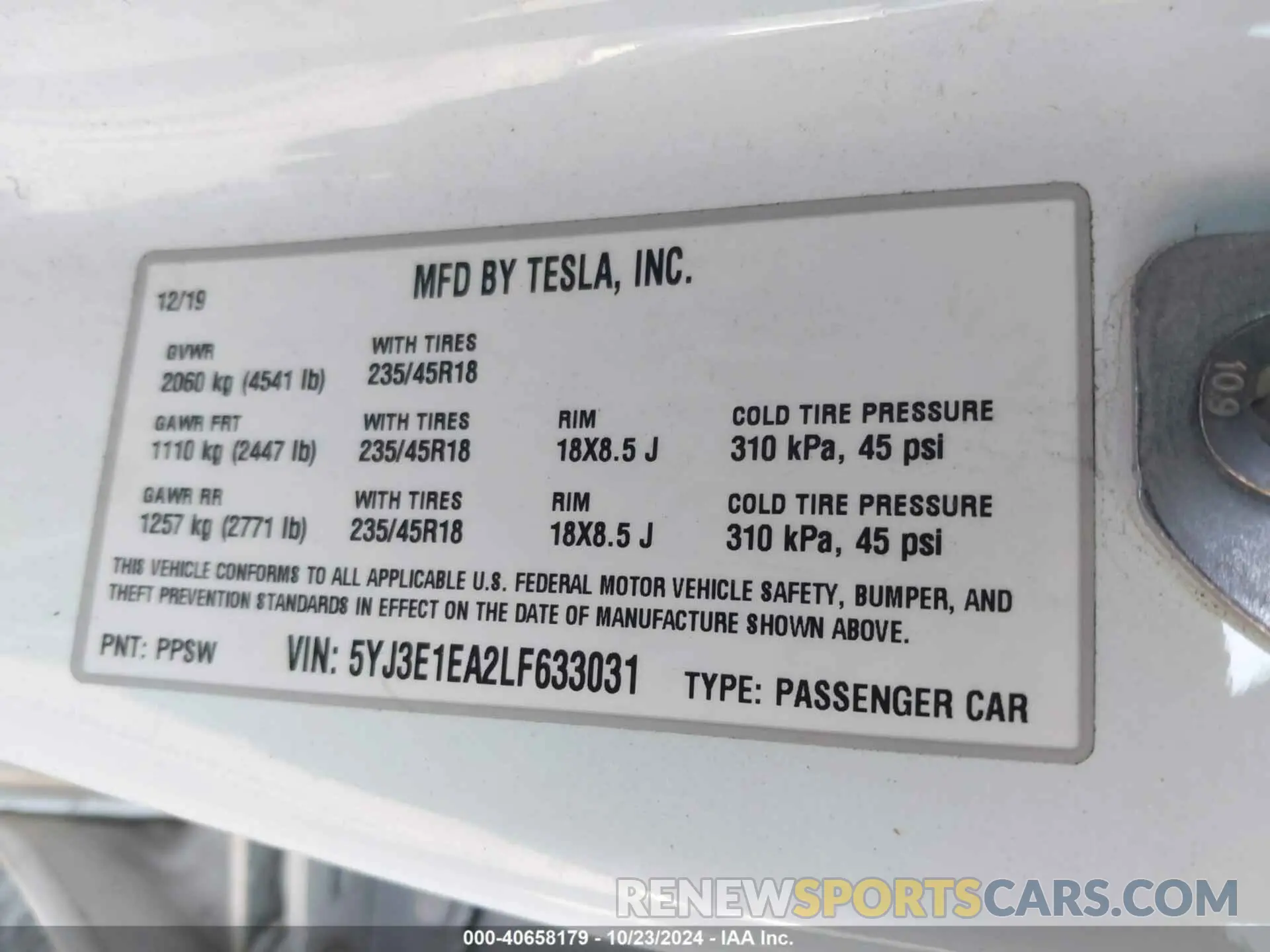 9 Photograph of a damaged car 5YJ3E1EA2LF633031 TESLA MODEL 3 2020