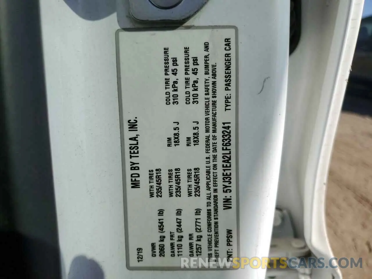 13 Photograph of a damaged car 5YJ3E1EA2LF633241 TESLA MODEL 3 2020