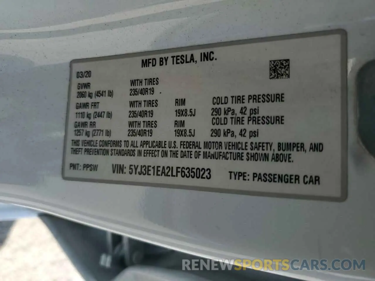 13 Photograph of a damaged car 5YJ3E1EA2LF635023 TESLA MODEL 3 2020