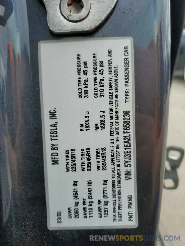 12 Photograph of a damaged car 5YJ3E1EA2LF658236 TESLA MODEL 3 2020