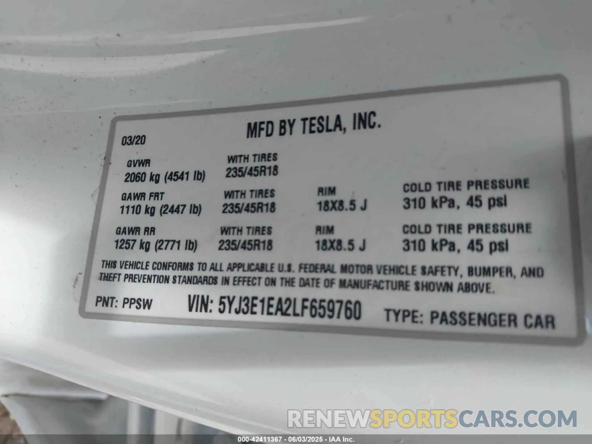 9 Photograph of a damaged car 5YJ3E1EA2LF659760 TESLA MODEL 3 2020