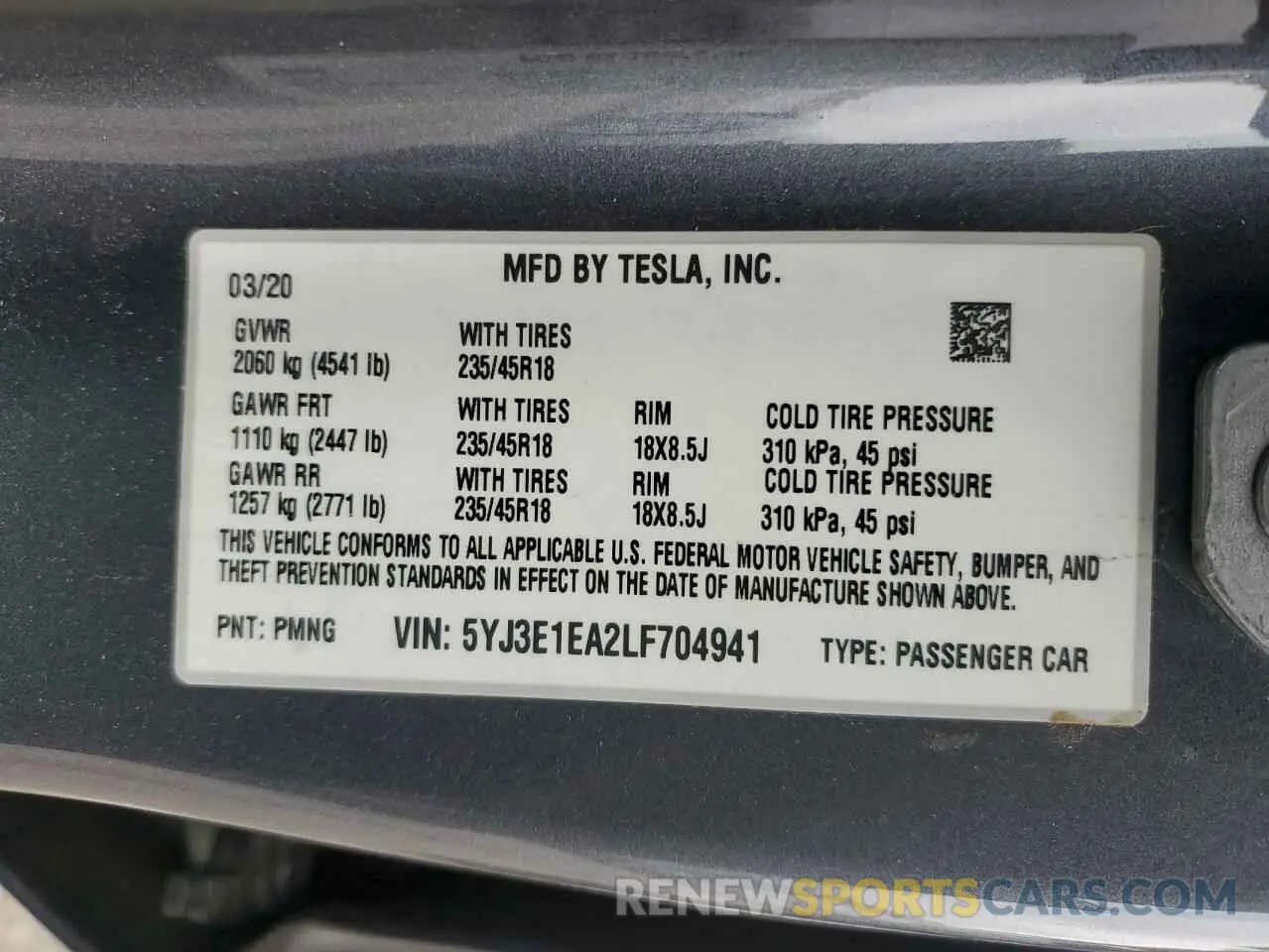 13 Photograph of a damaged car 5YJ3E1EA2LF704941 TESLA MODEL 3 2020