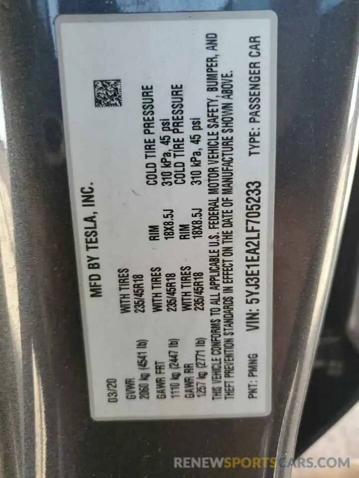 12 Photograph of a damaged car 5YJ3E1EA2LF705233 TESLA MODEL 3 2020