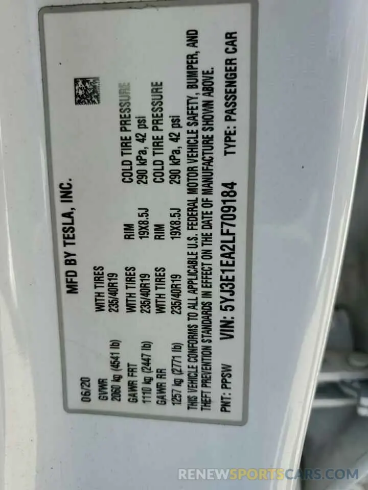 12 Photograph of a damaged car 5YJ3E1EA2LF709184 TESLA MODEL 3 2020
