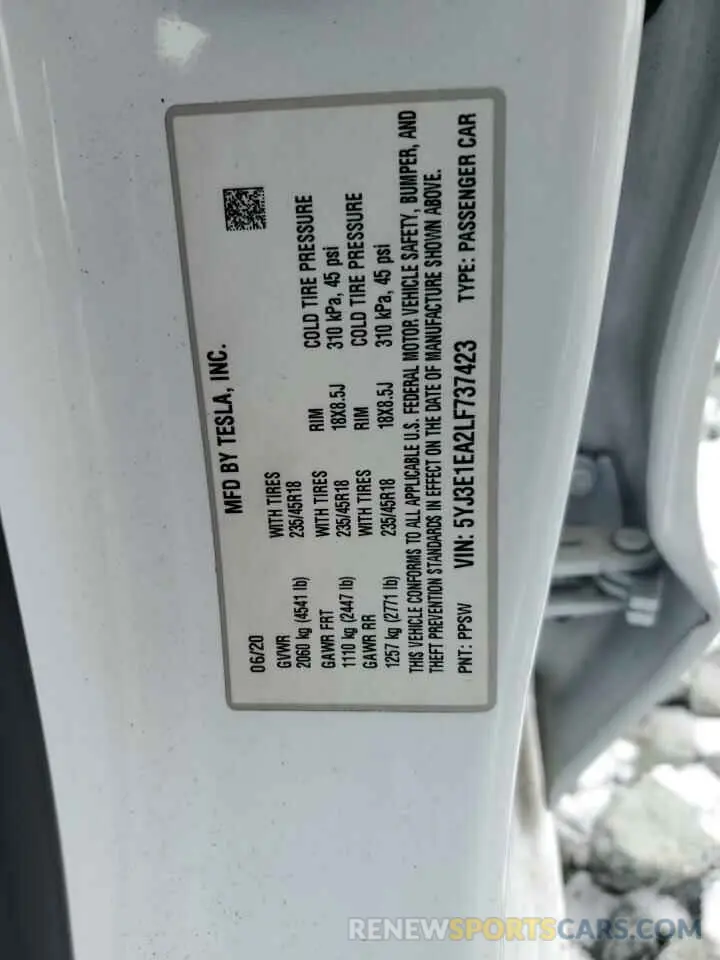 12 Photograph of a damaged car 5YJ3E1EA2LF737423 TESLA MODEL 3 2020