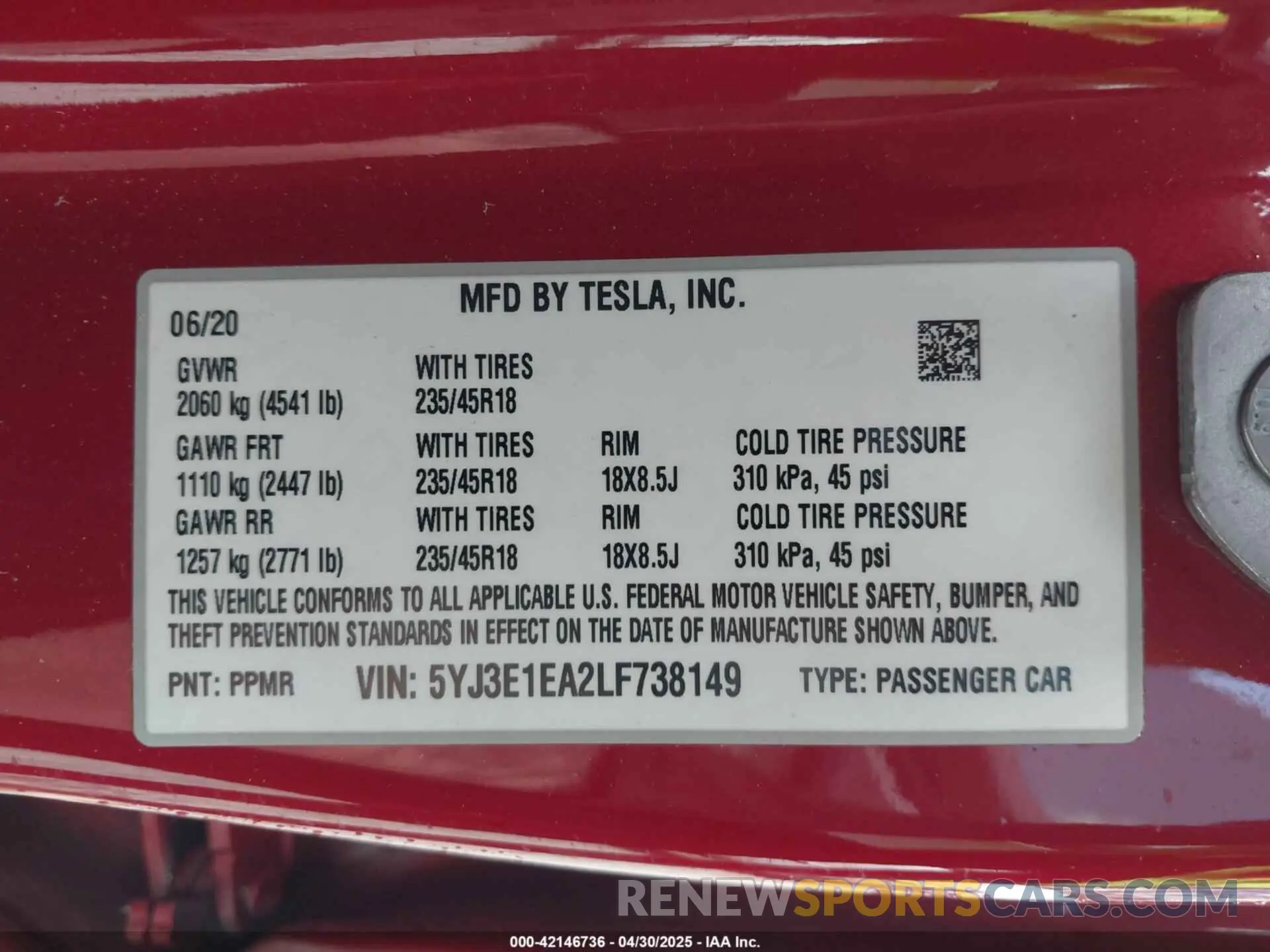 9 Photograph of a damaged car 5YJ3E1EA2LF738149 TESLA MODEL 3 2020