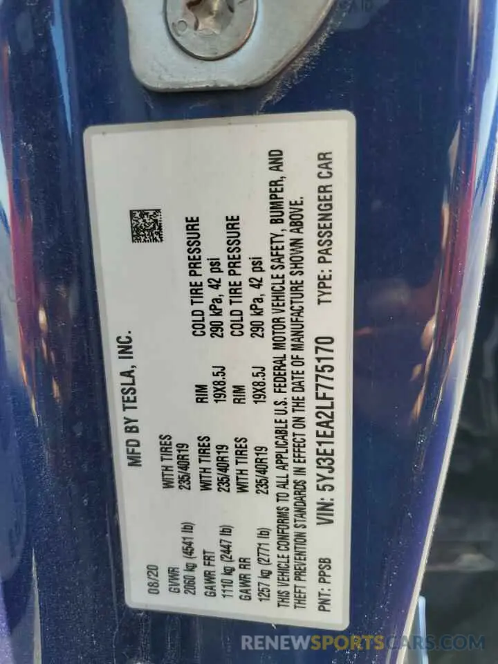 14 Photograph of a damaged car 5YJ3E1EA2LF775170 TESLA MODEL 3 2020