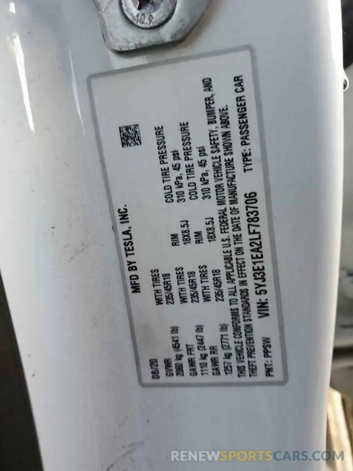 12 Photograph of a damaged car 5YJ3E1EA2LF783706 TESLA MODEL 3 2020