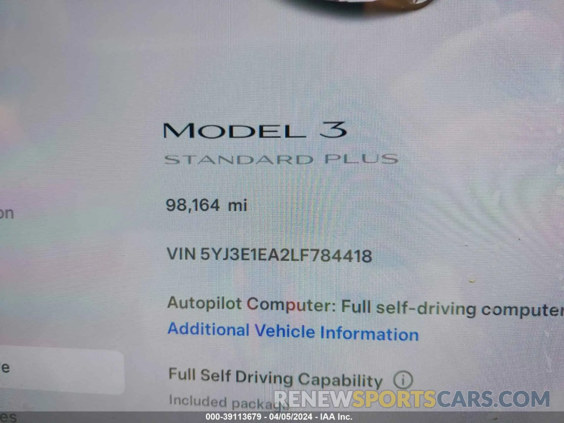 7 Photograph of a damaged car 5YJ3E1EA2LF784418 TESLA MODEL 3 2020