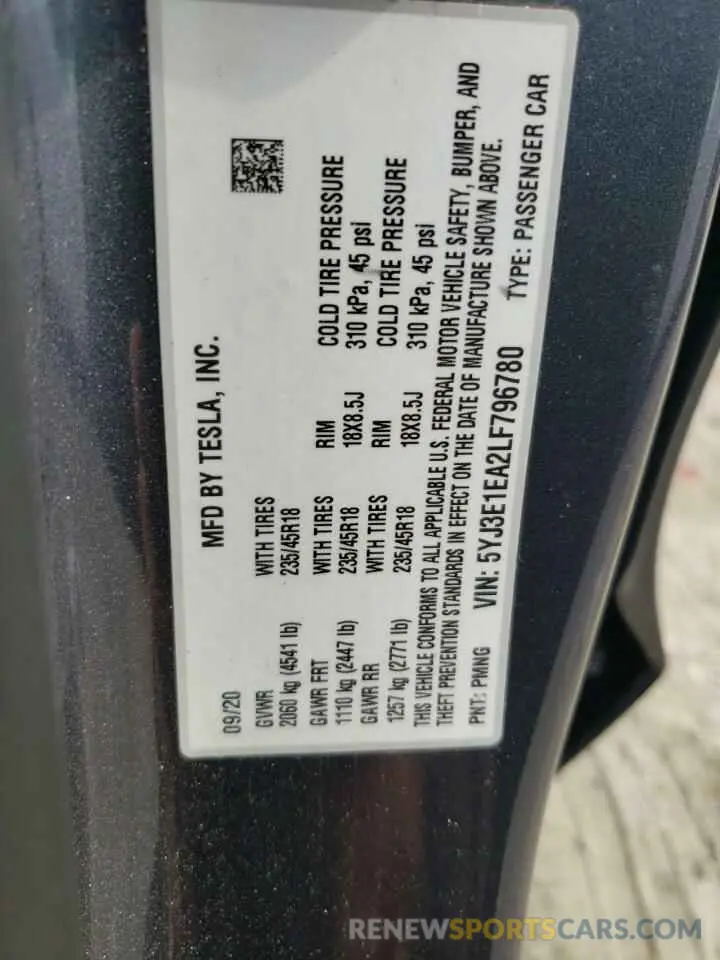 12 Photograph of a damaged car 5YJ3E1EA2LF796780 TESLA MODEL 3 2020