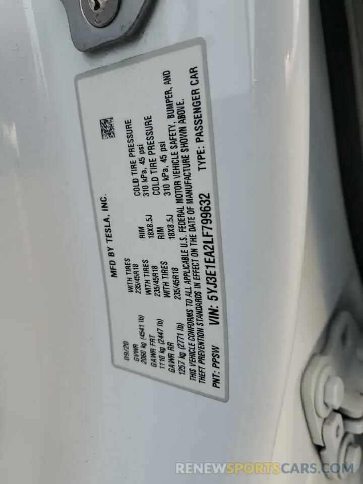 14 Photograph of a damaged car 5YJ3E1EA2LF799632 TESLA MODEL 3 2020