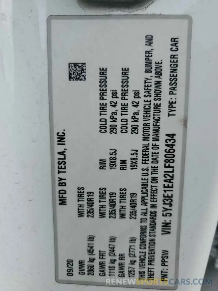 14 Photograph of a damaged car 5YJ3E1EA2LF806434 TESLA MODEL 3 2020