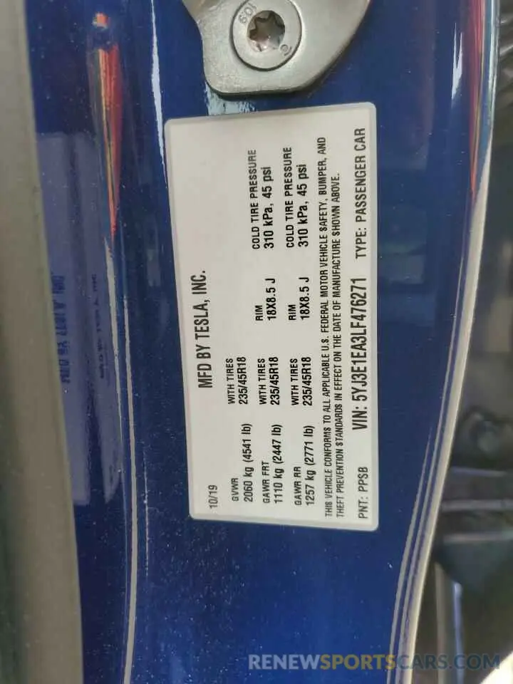 12 Photograph of a damaged car 5YJ3E1EA3LF476271 TESLA MODEL 3 2020