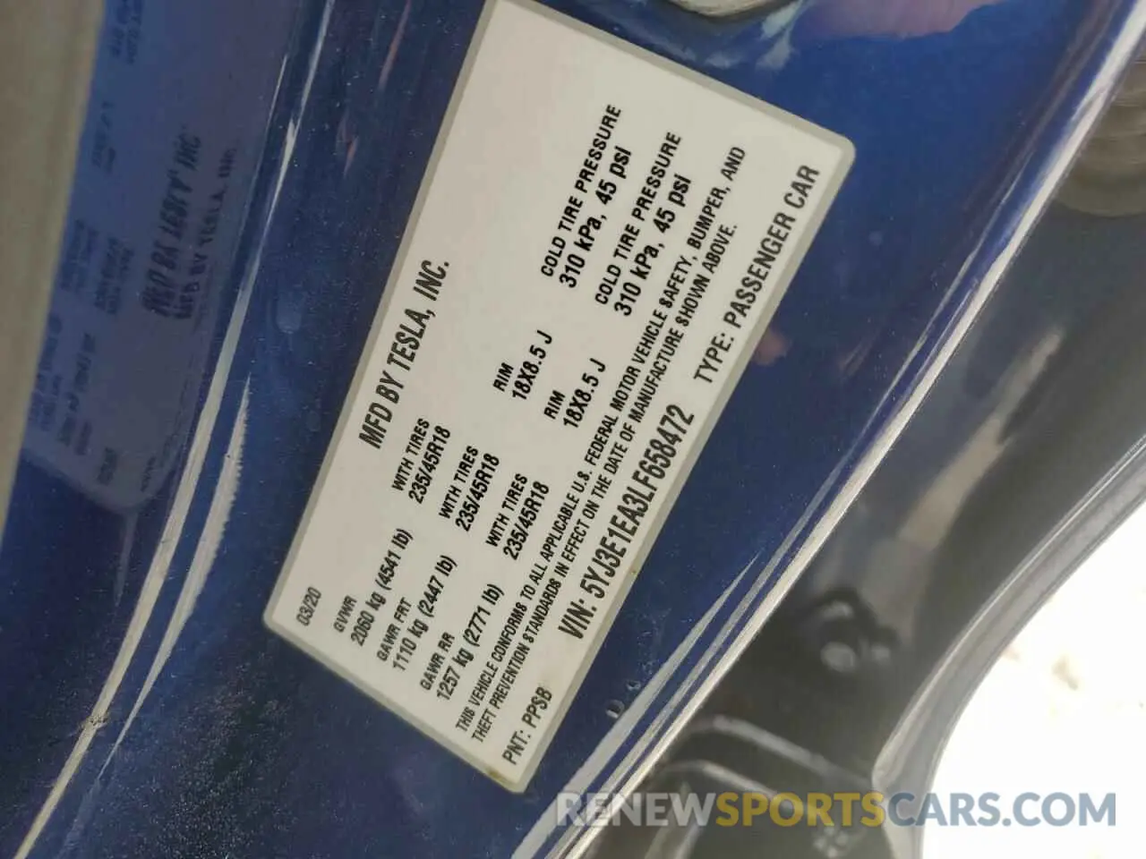 13 Photograph of a damaged car 5YJ3E1EA3LF658472 TESLA MODEL 3 2020