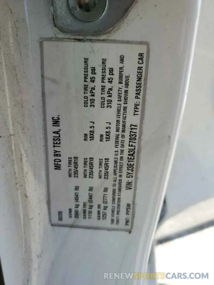 12 Photograph of a damaged car 5YJ3E1EA3LF703717 TESLA MODEL 3 2020