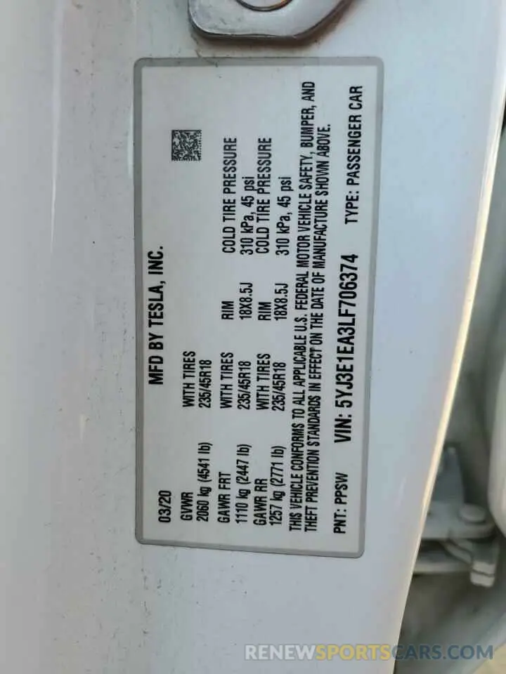 12 Photograph of a damaged car 5YJ3E1EA3LF706374 TESLA MODEL 3 2020