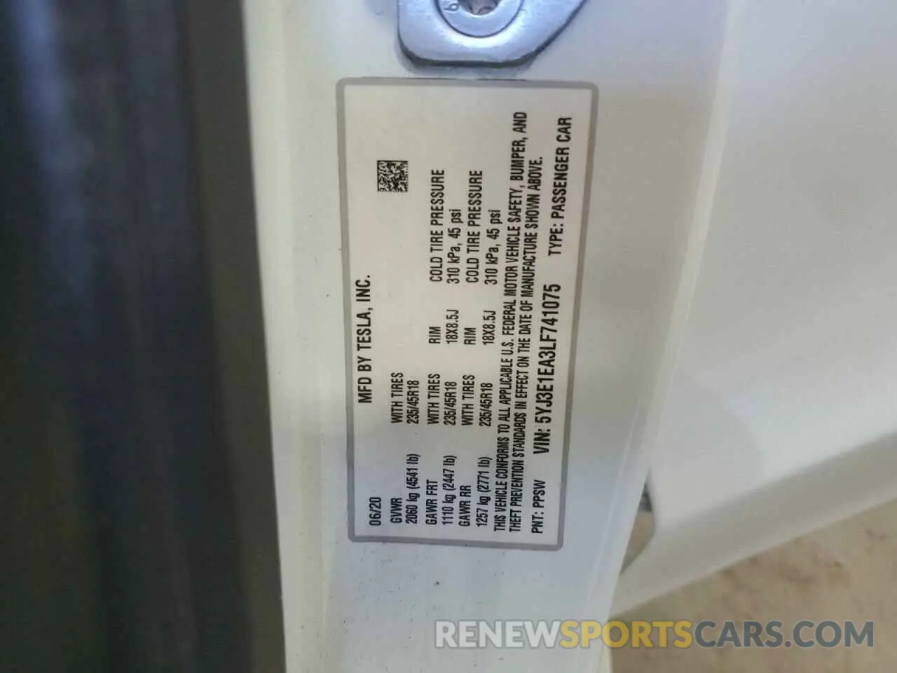 12 Photograph of a damaged car 5YJ3E1EA3LF741075 TESLA MODEL 3 2020
