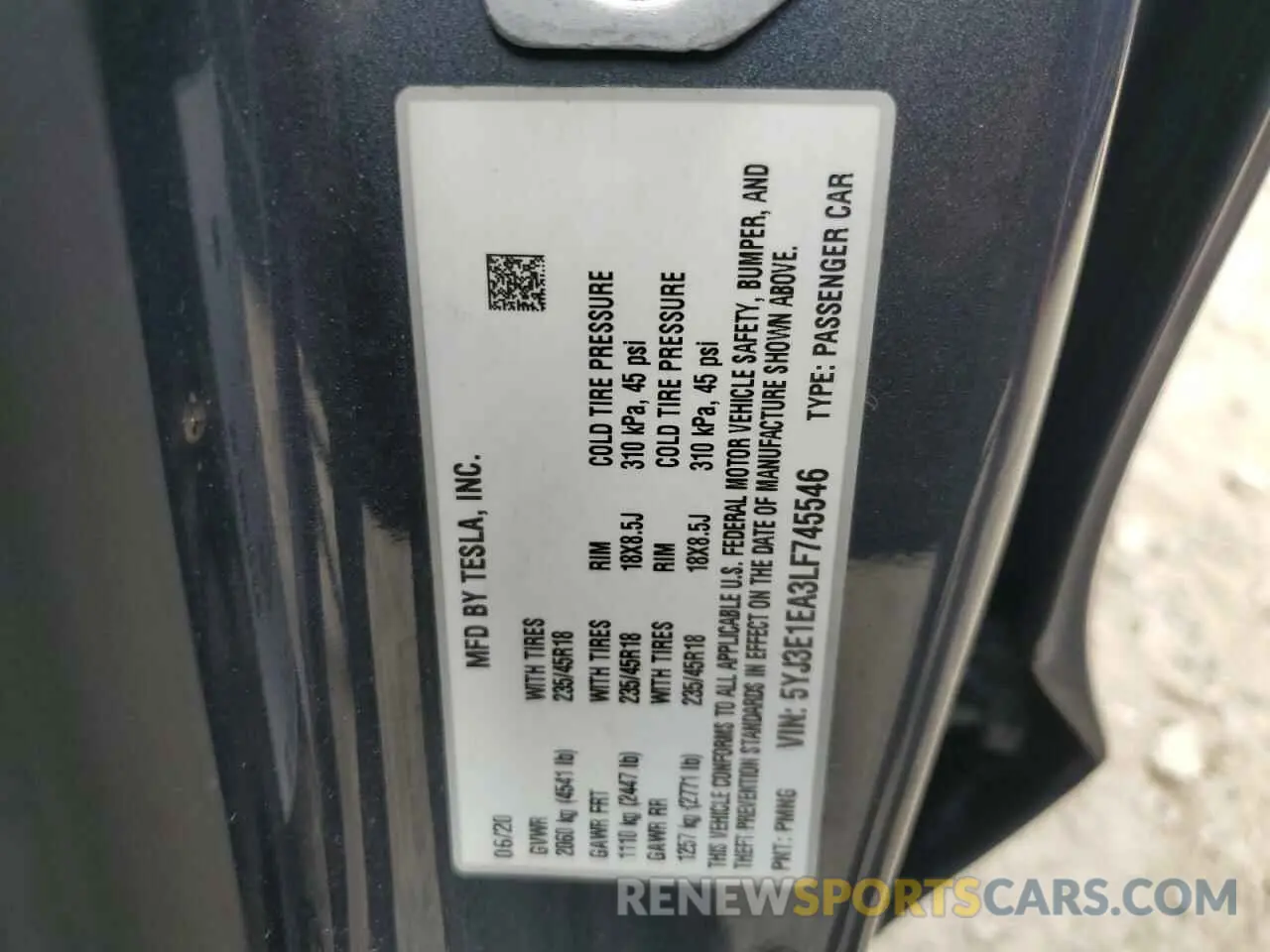 12 Photograph of a damaged car 5YJ3E1EA3LF745546 TESLA MODEL 3 2020