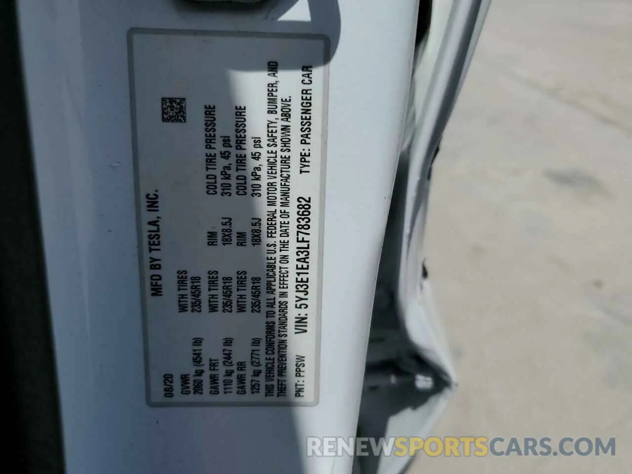 12 Photograph of a damaged car 5YJ3E1EA3LF783682 TESLA MODEL 3 2020