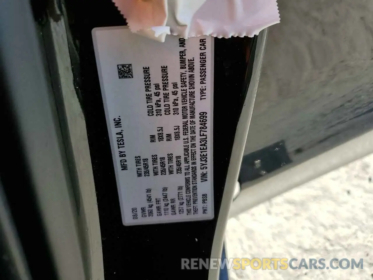12 Photograph of a damaged car 5YJ3E1EA3LF784699 TESLA MODEL 3 2020