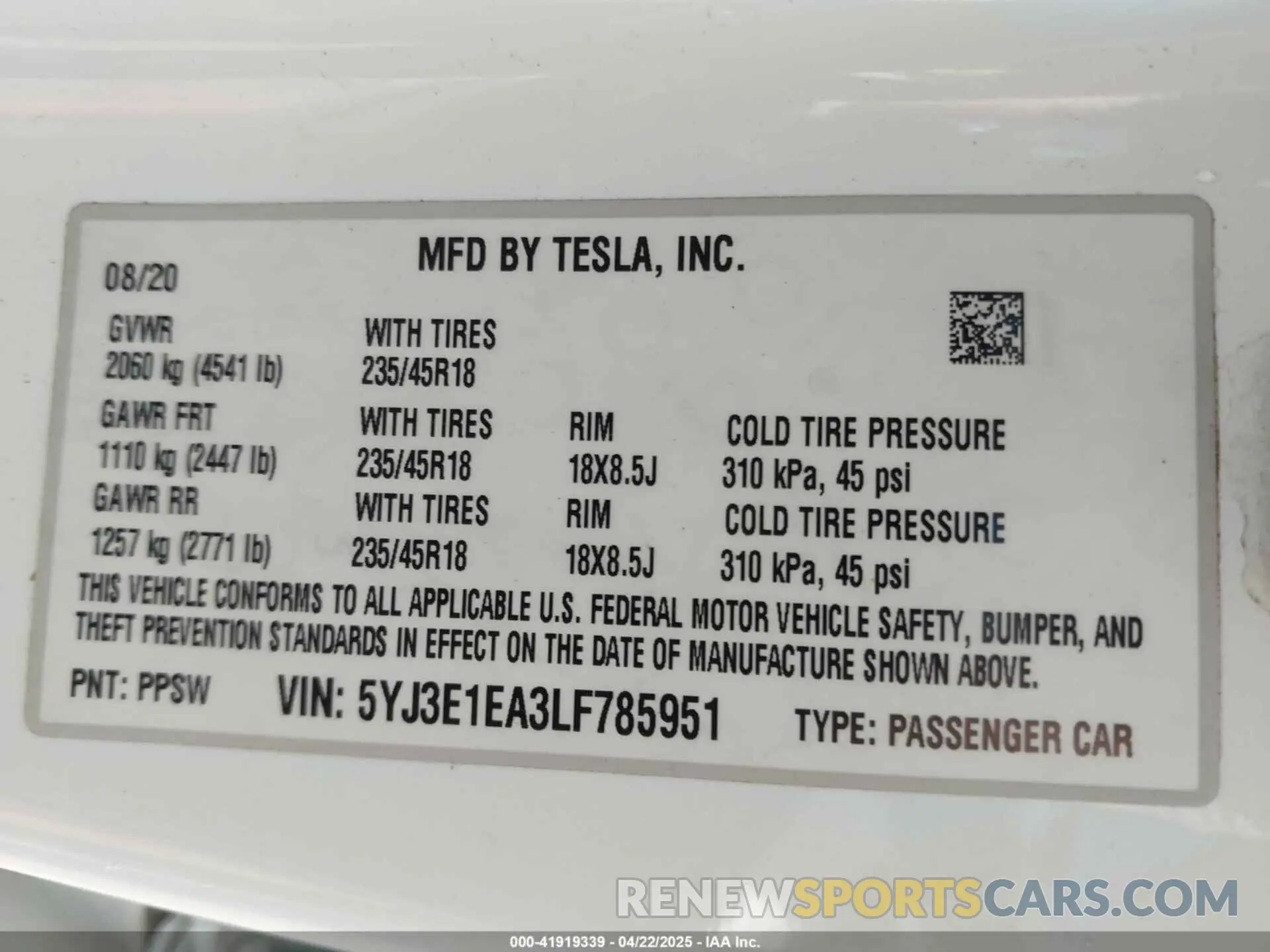 9 Photograph of a damaged car 5YJ3E1EA3LF785951 TESLA MODEL 3 2020