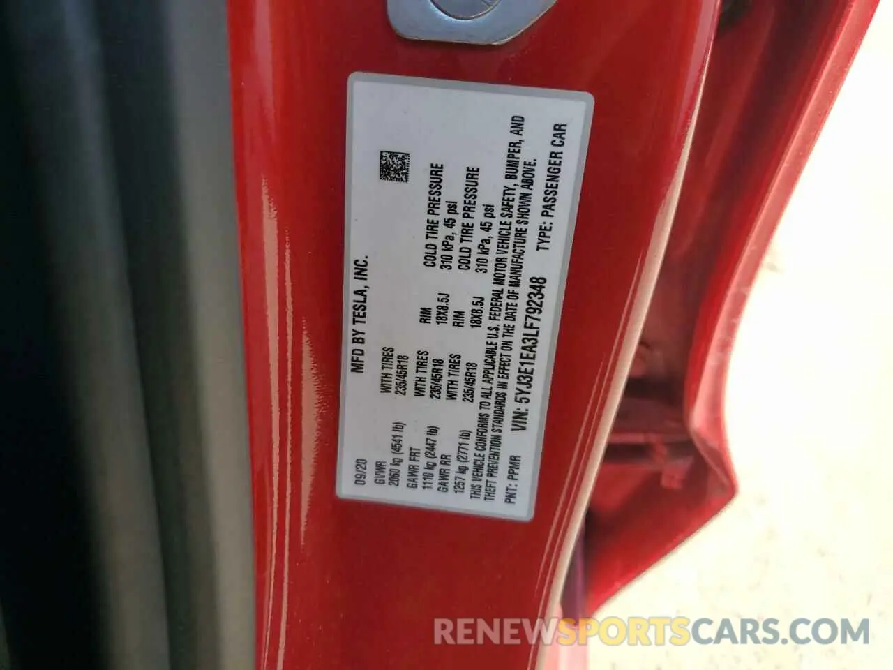 12 Photograph of a damaged car 5YJ3E1EA3LF792348 TESLA MODEL 3 2020
