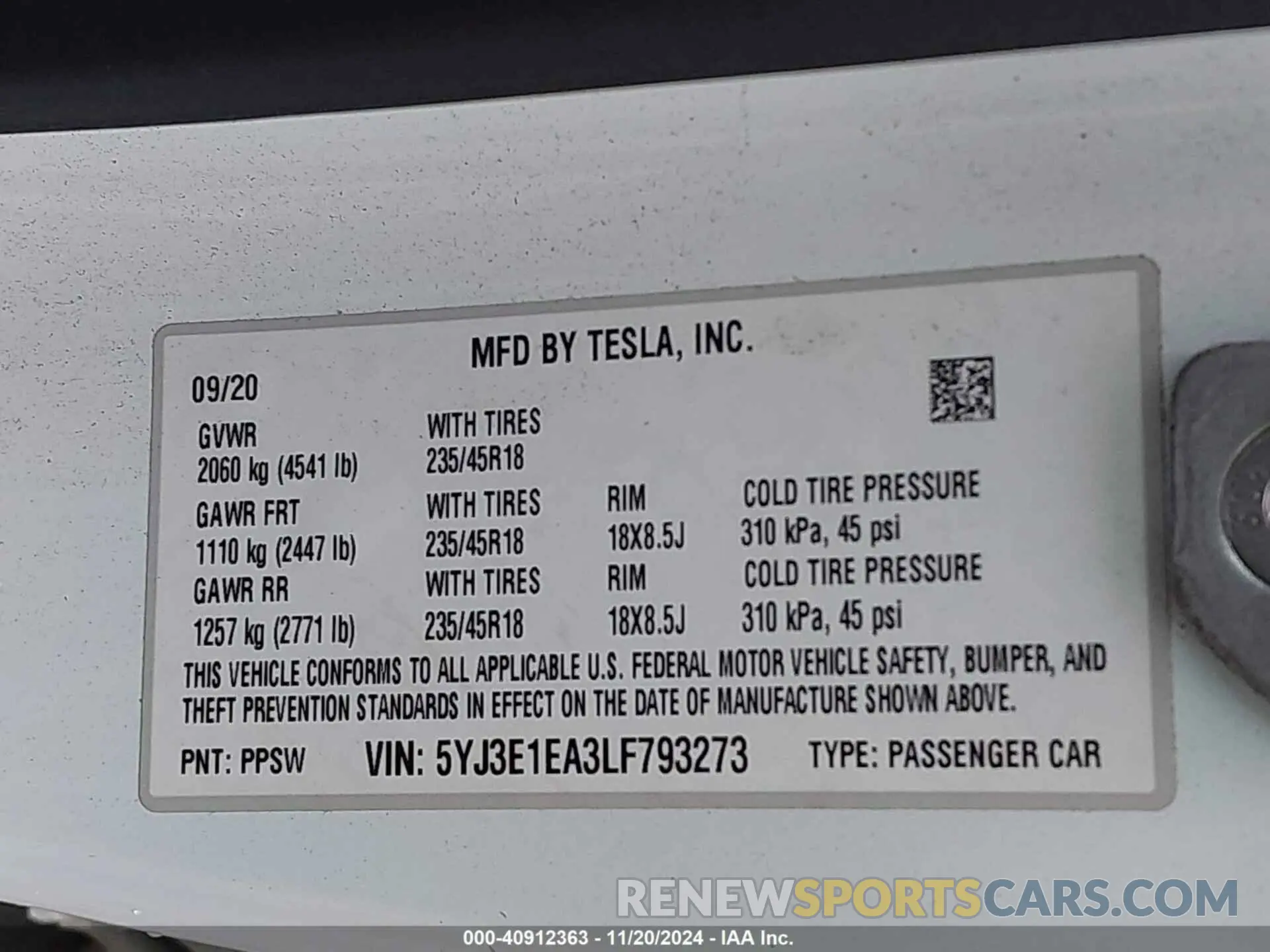 9 Photograph of a damaged car 5YJ3E1EA3LF793273 TESLA MODEL 3 2020
