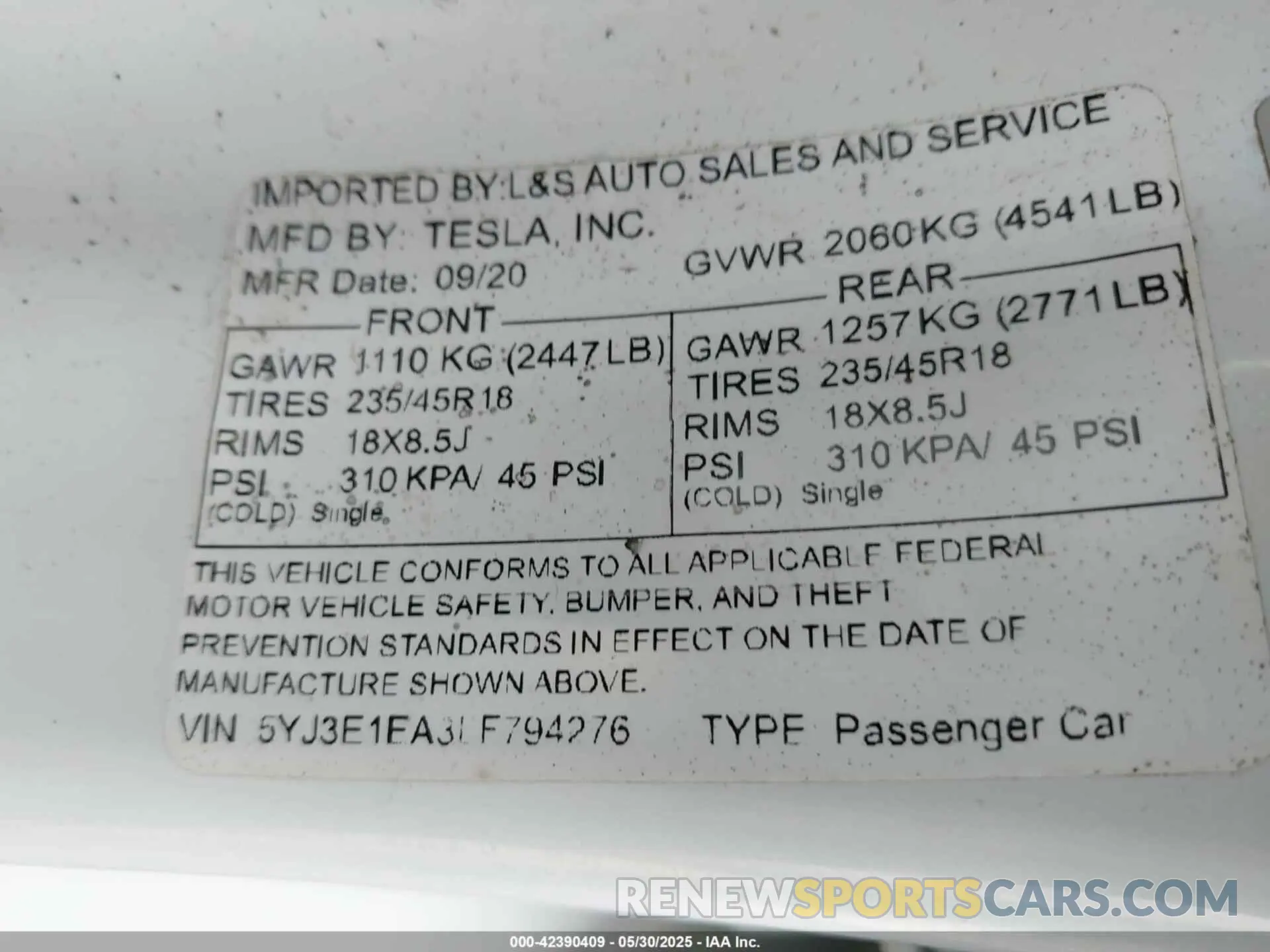 9 Photograph of a damaged car 5YJ3E1EA3LF794276 TESLA MODEL 3 2020