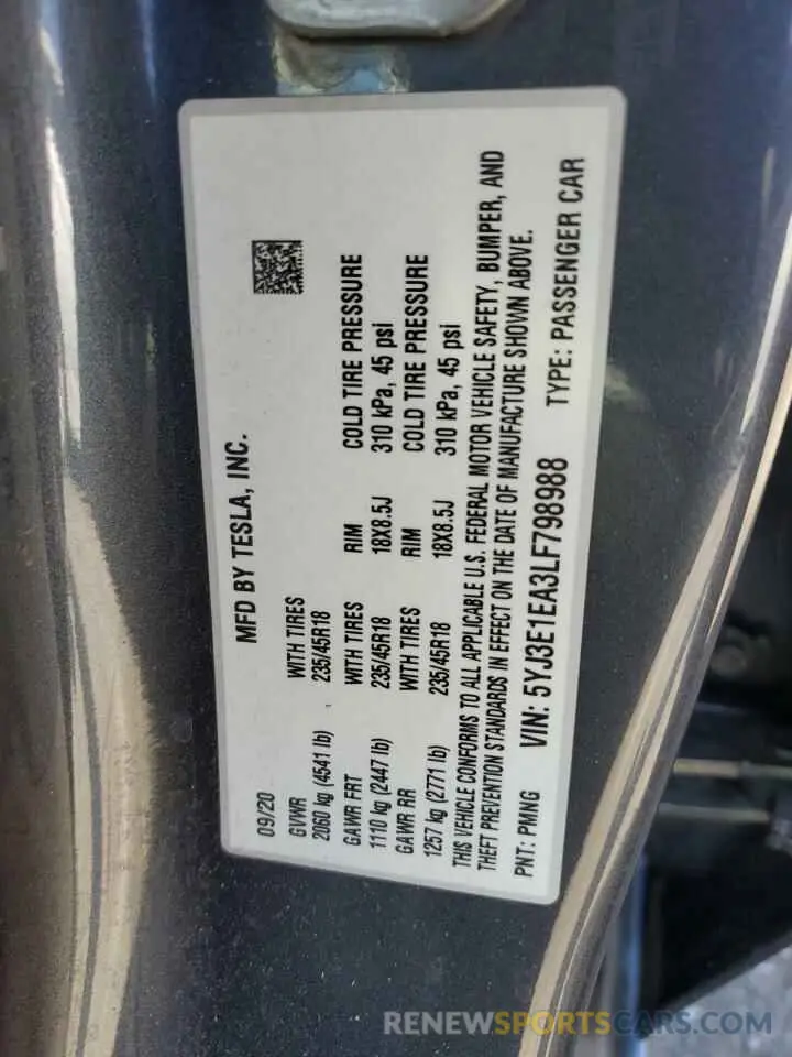 12 Photograph of a damaged car 5YJ3E1EA3LF798988 TESLA MODEL 3 2020