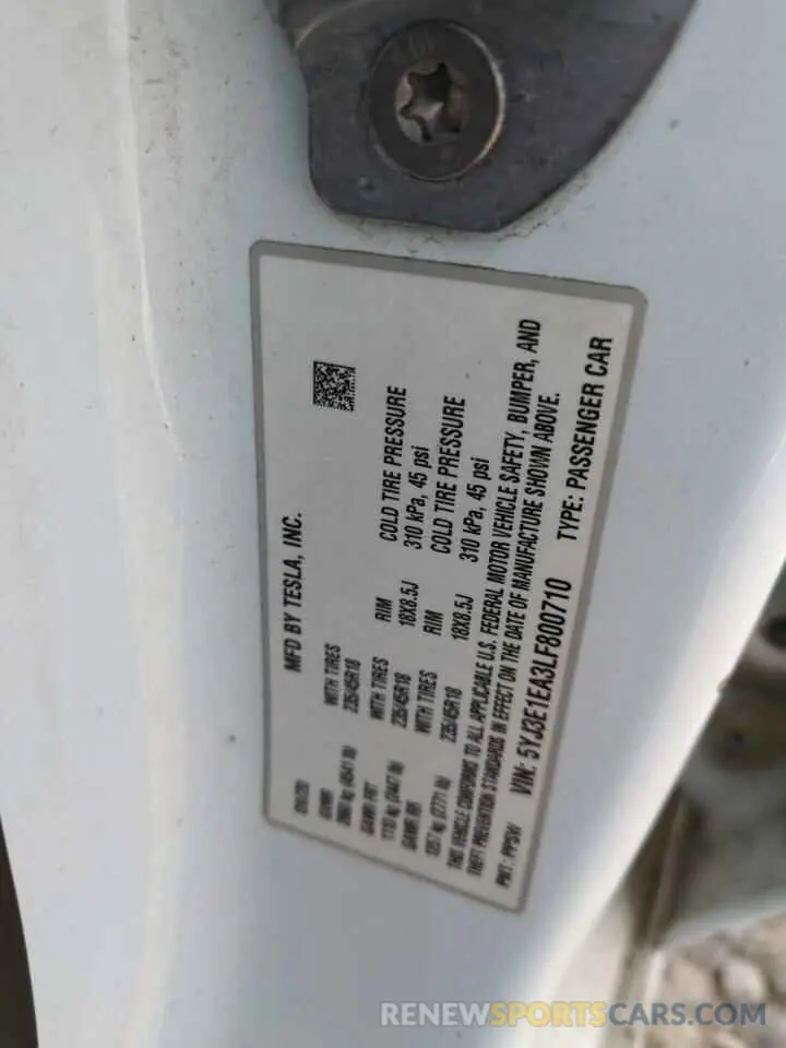 12 Photograph of a damaged car 5YJ3E1EA3LF800710 TESLA MODEL 3 2020