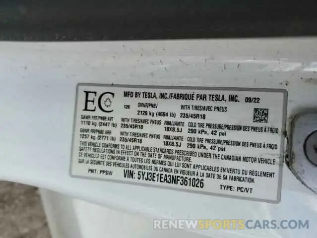 13 Photograph of a damaged car 5YJ3E1EA3NF361026 TESLA MODEL 3 2020