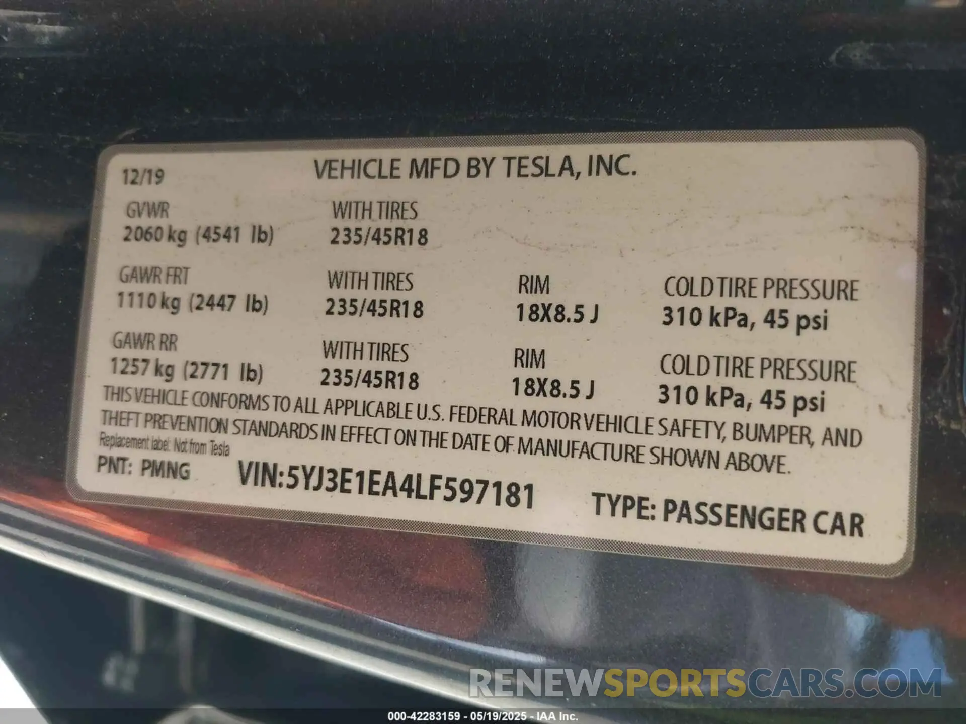 9 Photograph of a damaged car 5YJ3E1EA4LF597181 TESLA MODEL 3 2020