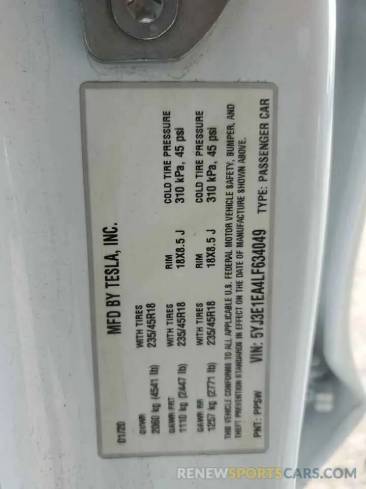 12 Photograph of a damaged car 5YJ3E1EA4LF634049 TESLA MODEL 3 2020