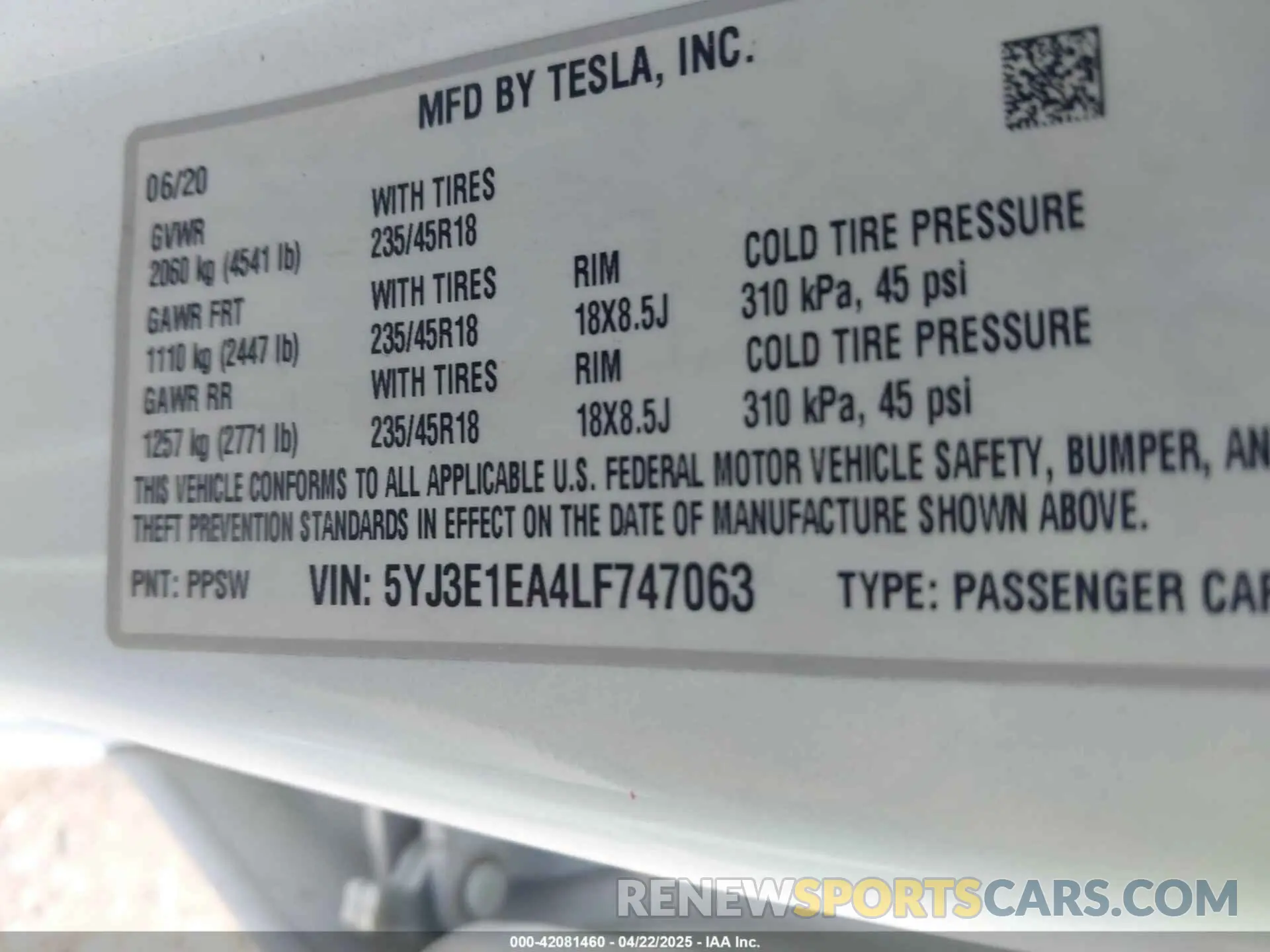 9 Photograph of a damaged car 5YJ3E1EA4LF747063 TESLA MODEL 3 2020