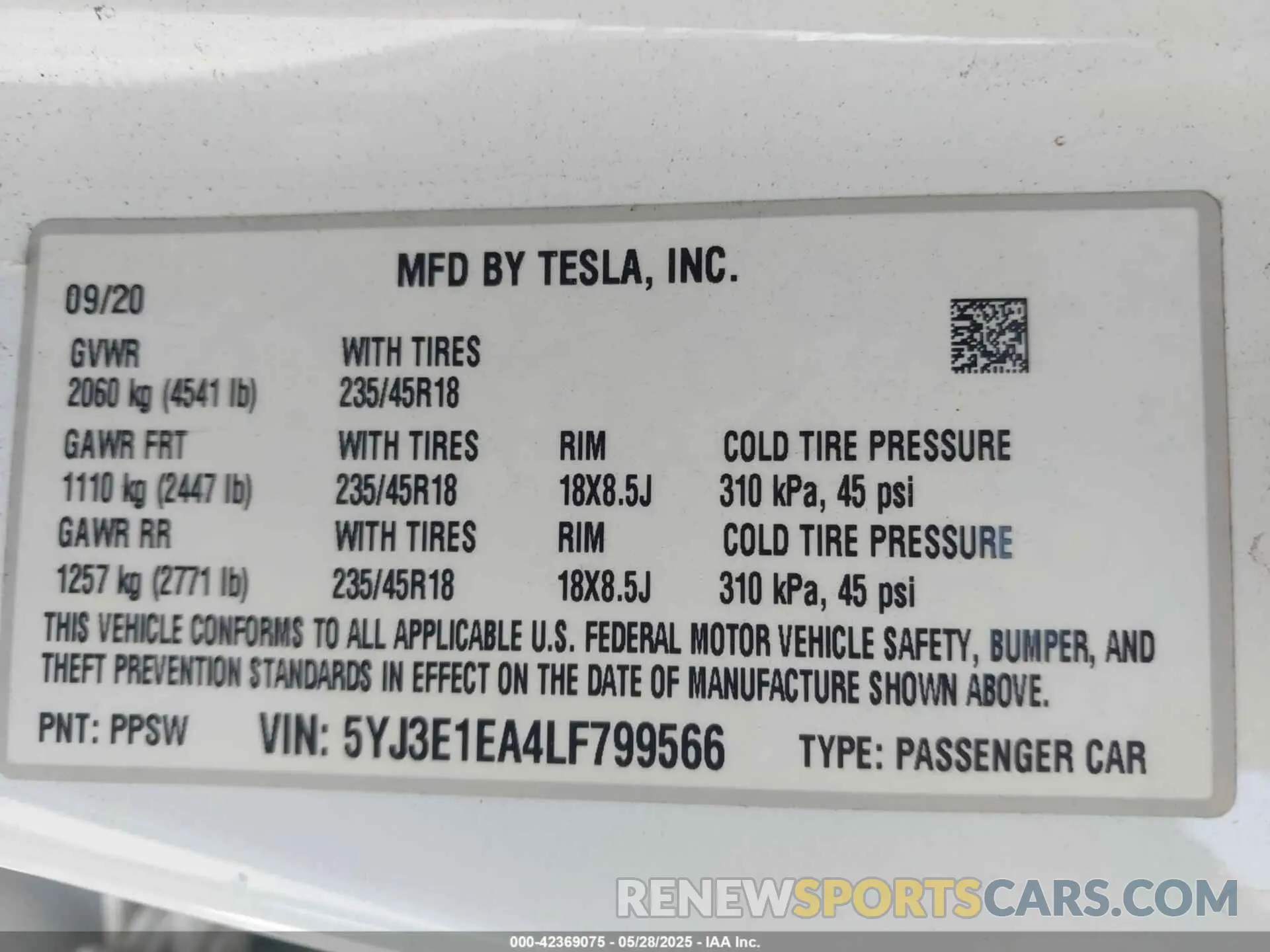 9 Photograph of a damaged car 5YJ3E1EA4LF799566 TESLA MODEL 3 2020