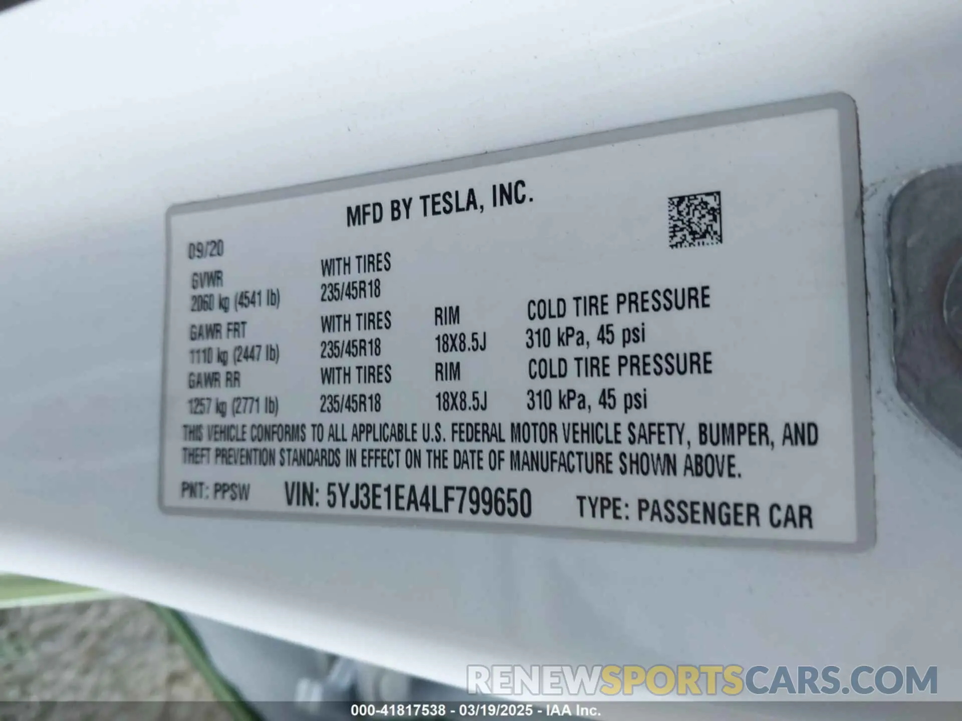 9 Photograph of a damaged car 5YJ3E1EA4LF799650 TESLA MODEL 3 2020