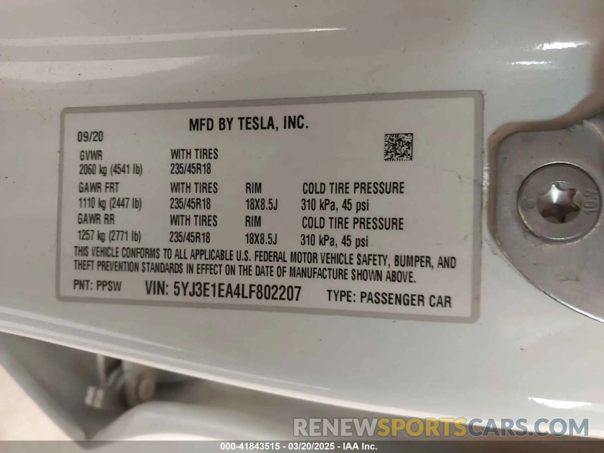 9 Photograph of a damaged car 5YJ3E1EA4LF802207 TESLA MODEL 3 2020