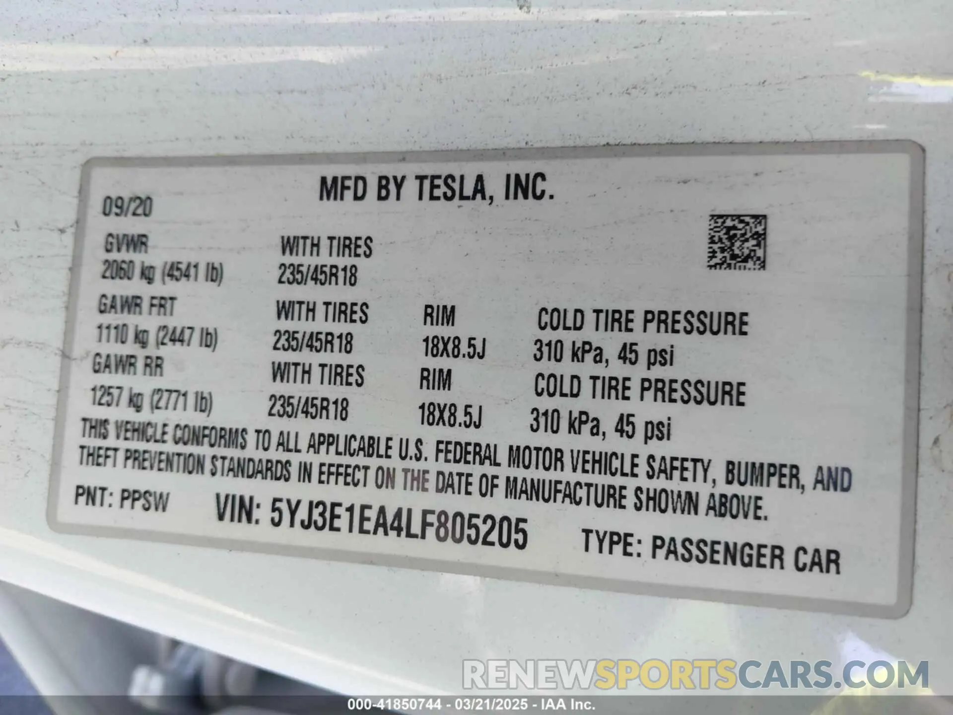 9 Photograph of a damaged car 5YJ3E1EA4LF805205 TESLA MODEL 3 2020