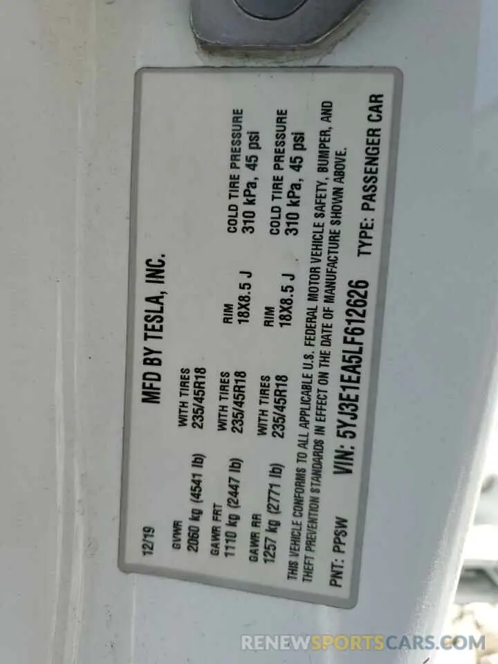 13 Photograph of a damaged car 5YJ3E1EA5LF612626 TESLA MODEL 3 2020