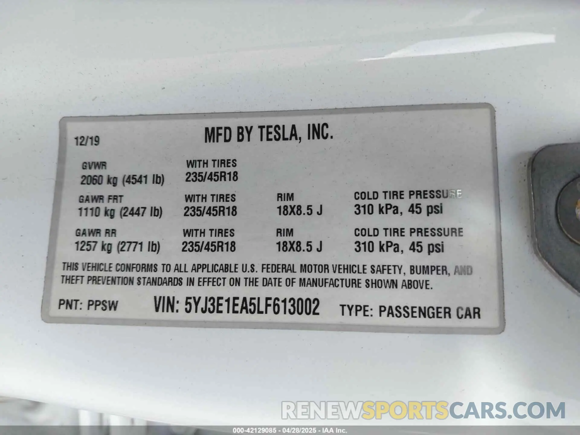 9 Photograph of a damaged car 5YJ3E1EA5LF613002 TESLA MODEL 3 2020