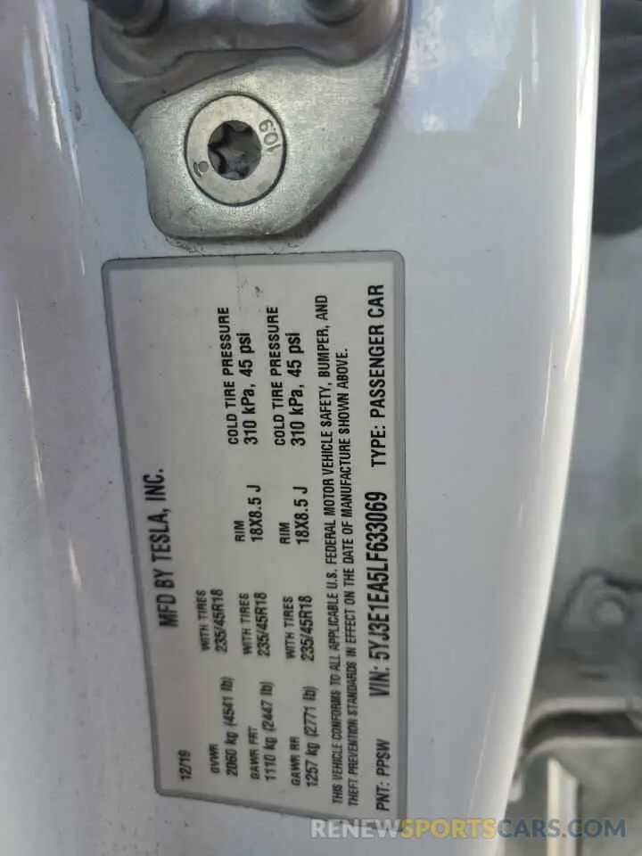 13 Photograph of a damaged car 5YJ3E1EA5LF633069 TESLA MODEL 3 2020