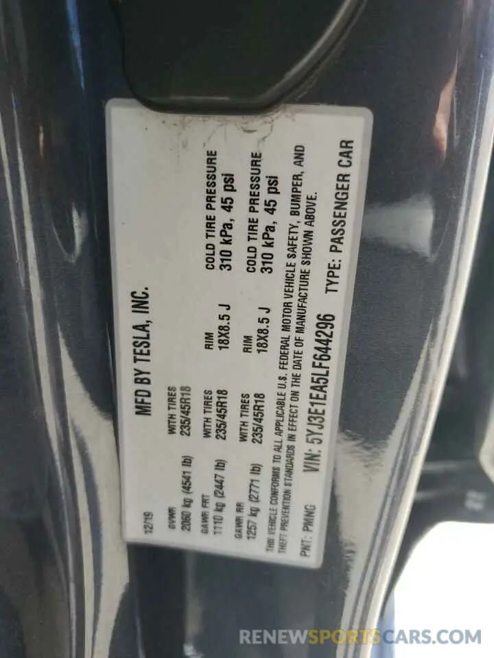 12 Photograph of a damaged car 5YJ3E1EA5LF644296 TESLA MODEL 3 2020
