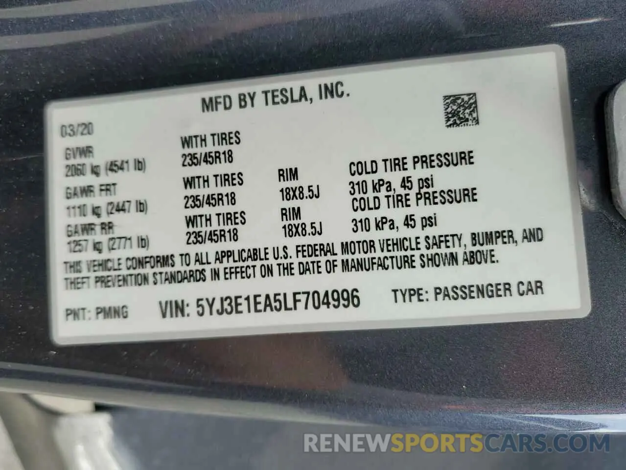 12 Photograph of a damaged car 5YJ3E1EA5LF704996 TESLA MODEL 3 2020