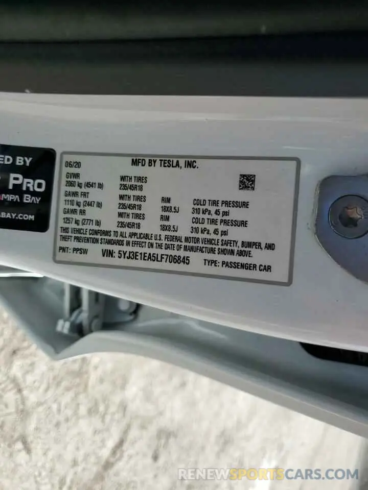 13 Photograph of a damaged car 5YJ3E1EA5LF706845 TESLA MODEL 3 2020