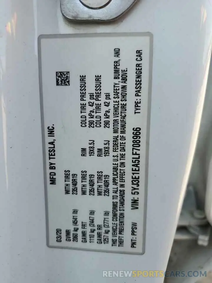 12 Photograph of a damaged car 5YJ3E1EA5LF708966 TESLA MODEL 3 2020