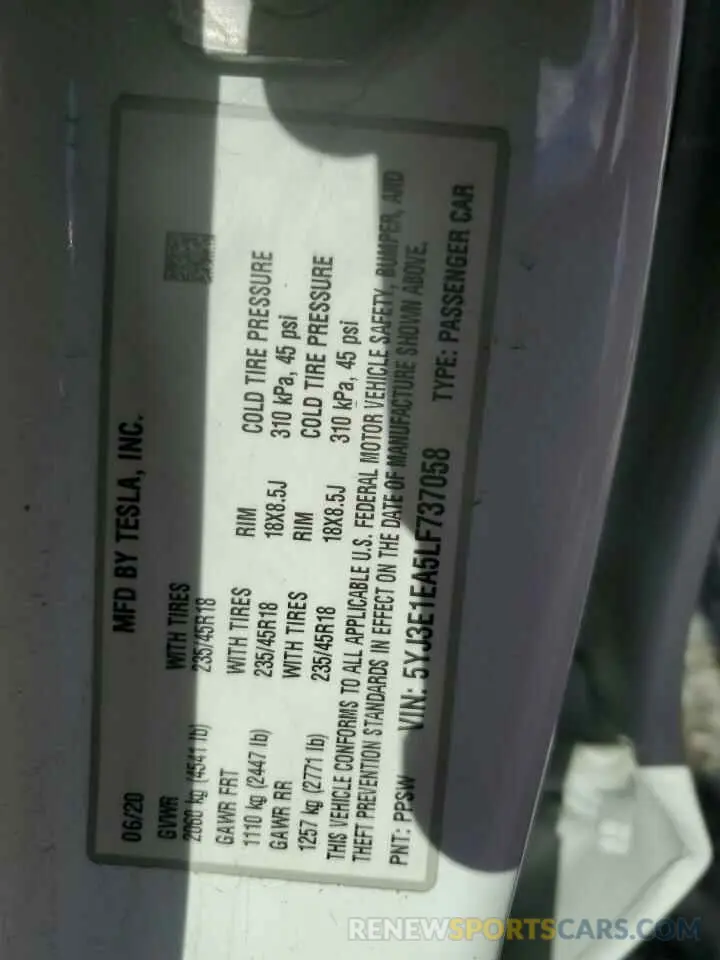12 Photograph of a damaged car 5YJ3E1EA5LF737058 TESLA MODEL 3 2020