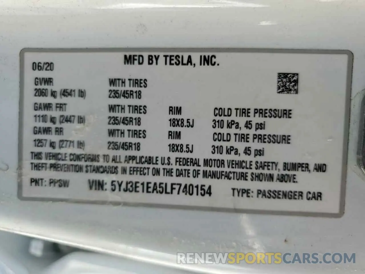 12 Photograph of a damaged car 5YJ3E1EA5LF740154 TESLA MODEL 3 2020
