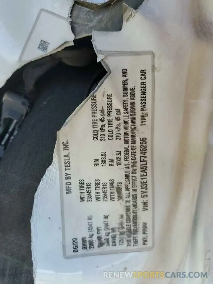 12 Photograph of a damaged car 5YJ3E1EA5LF745256 TESLA MODEL 3 2020