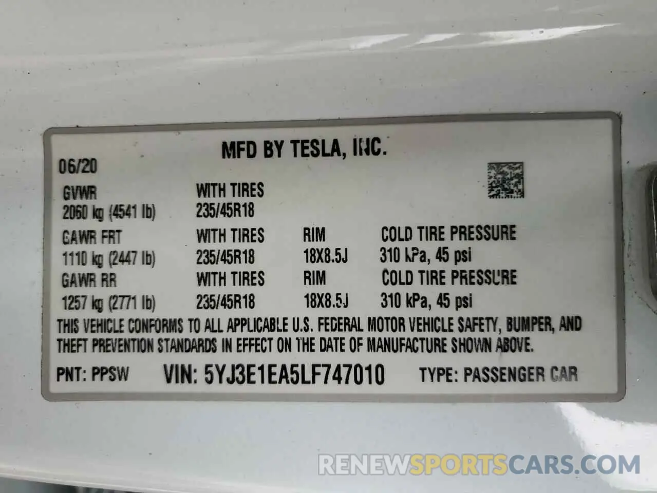 15 Photograph of a damaged car 5YJ3E1EA5LF747010 TESLA MODEL 3 2020